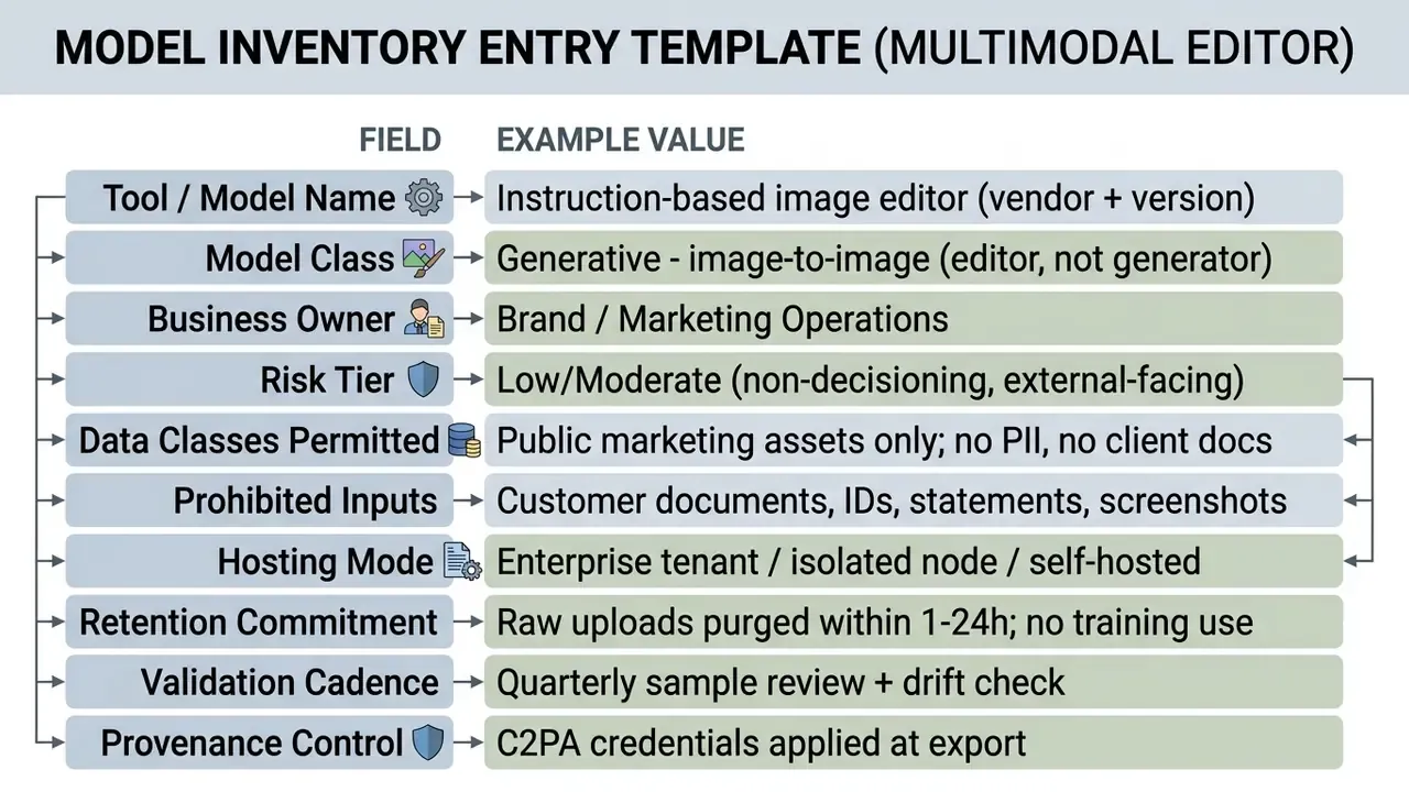List of technical metadata fields and example values for documenting a generative image editing model