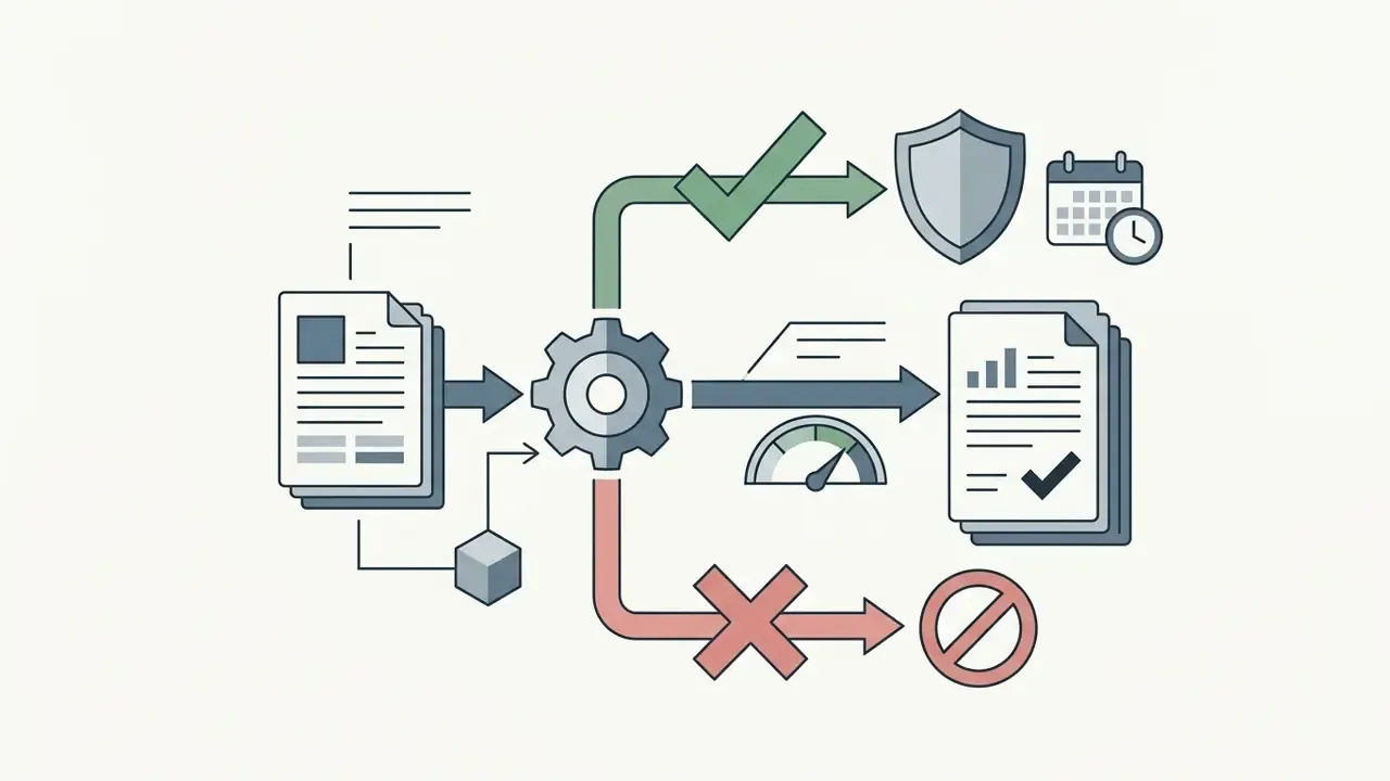 Document feeding into a central gear that splits into paths marked with success and failure icons