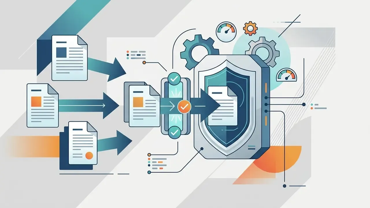 Document icons flowing through a verification gate into a shield-shaped processing hub