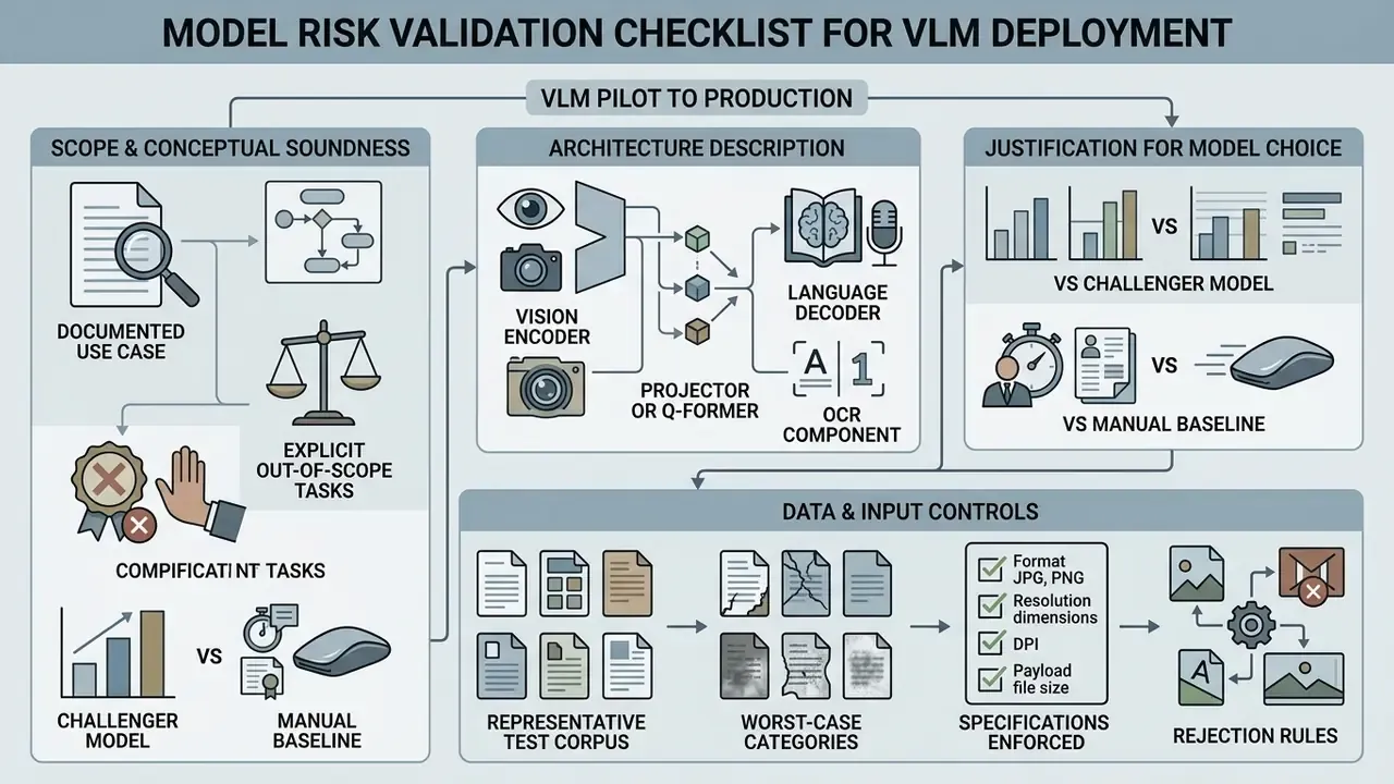 Steps for validating VLM deployment covering scope, architecture, model justification, and data controls