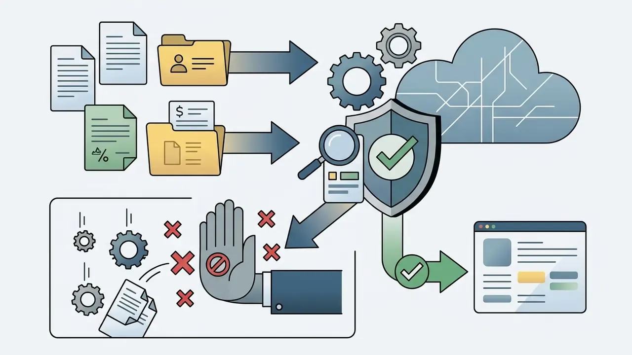 Folders and documents moving toward a shield icon and cloud while a hand gesture blocks unauthorized file flows