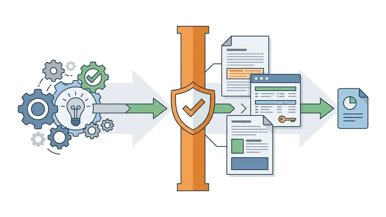 Gears powering a lightbulb icon passing through a shield gate to validate documents and data