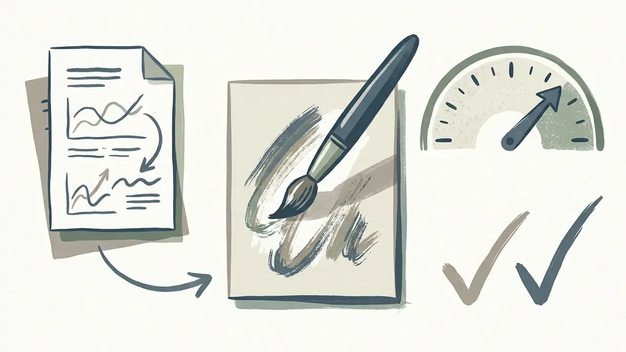 Hand-drawn sketch showing a document, a paintbrush on paper, a gauge, and two checkmarks