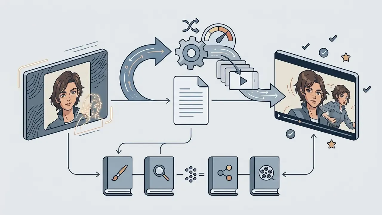 Process flow showing a character portrait transforming into an animated video through stylized AI modules