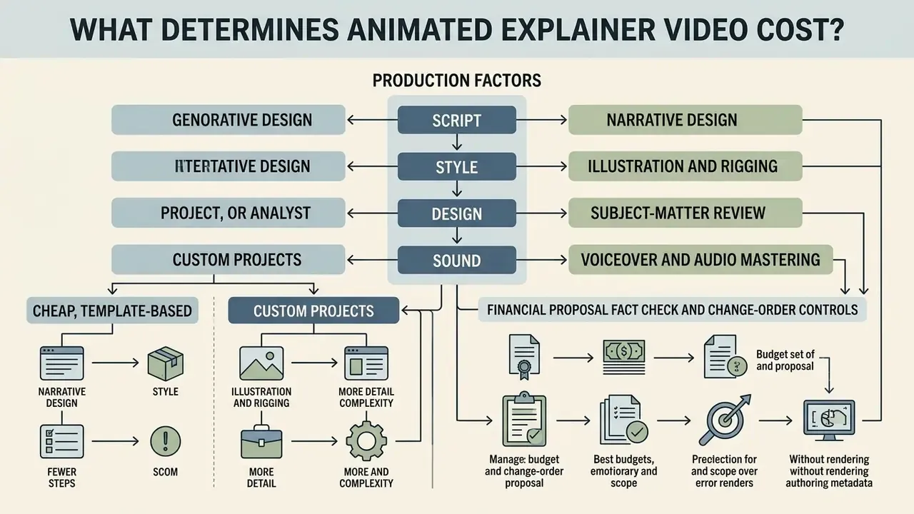 Diagram mapping production factors, project types, and financial controls for an animated explainer video
