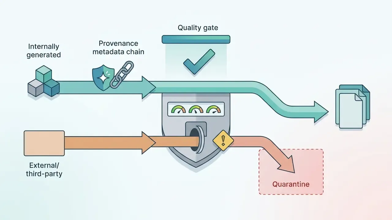 Data streams passing through a quality gate that routes verified content to output and others to quarantine