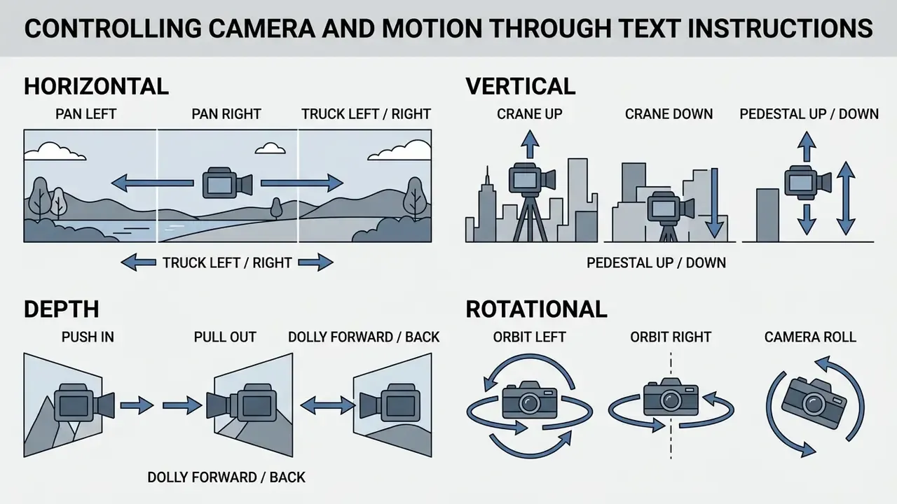 Icons illustrating horizontal, vertical, depth, and rotational camera motion vectors for Luma Dream Machine