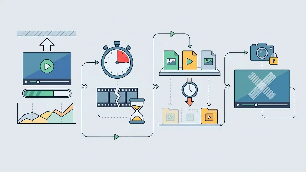Sequence showing video upload, time limits, temporary file storage, and final watermarked export