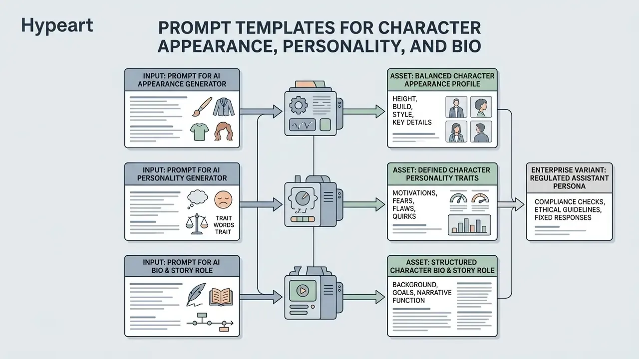Structured workflow diagram showing input prompts processing into character assets and an enterprise persona