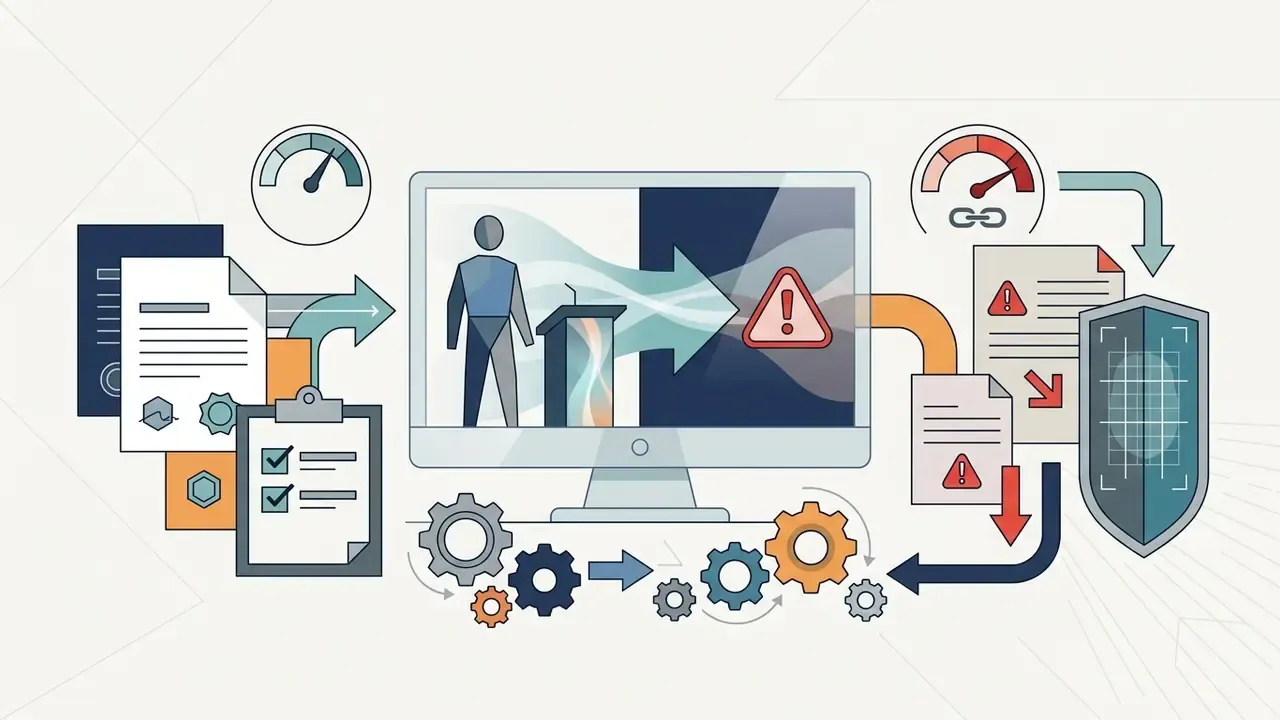 Monitor showing a synthetic presenter moving toward a warning icon with connected compliance documents