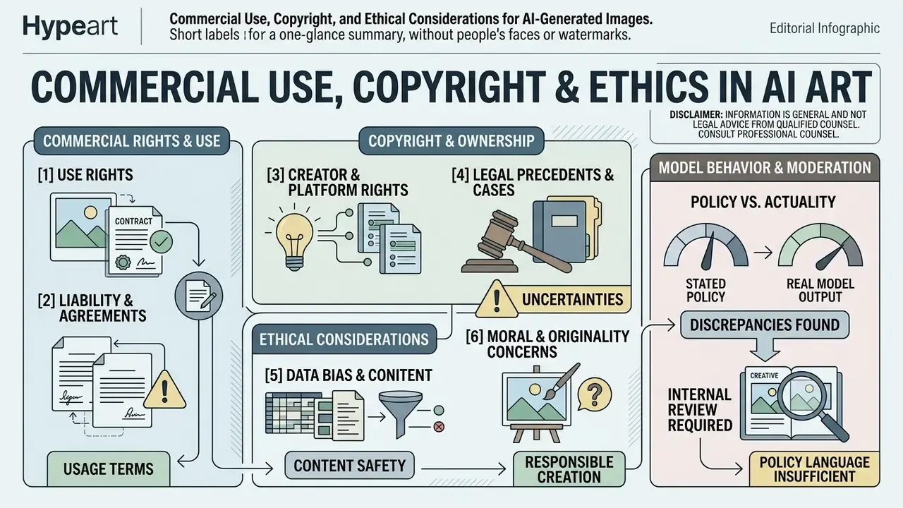 Diagram outlining legal and ethical frameworks for commercial AI image use and copyright considerations