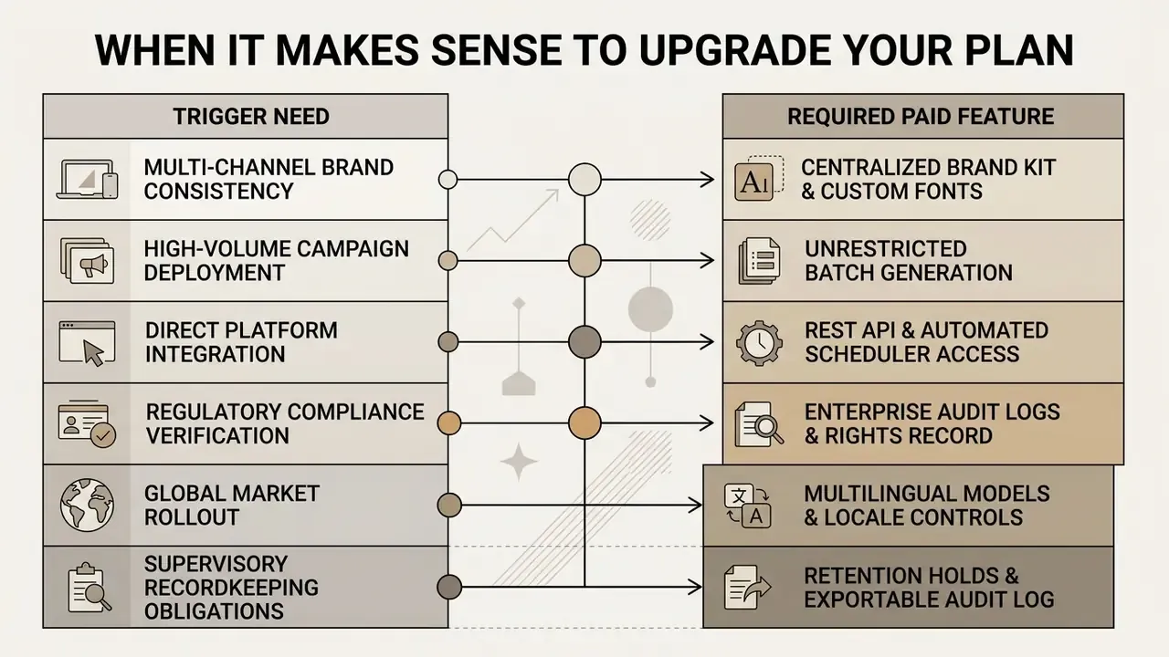 Matrix mapping specific business trigger needs to corresponding required paid subscription features