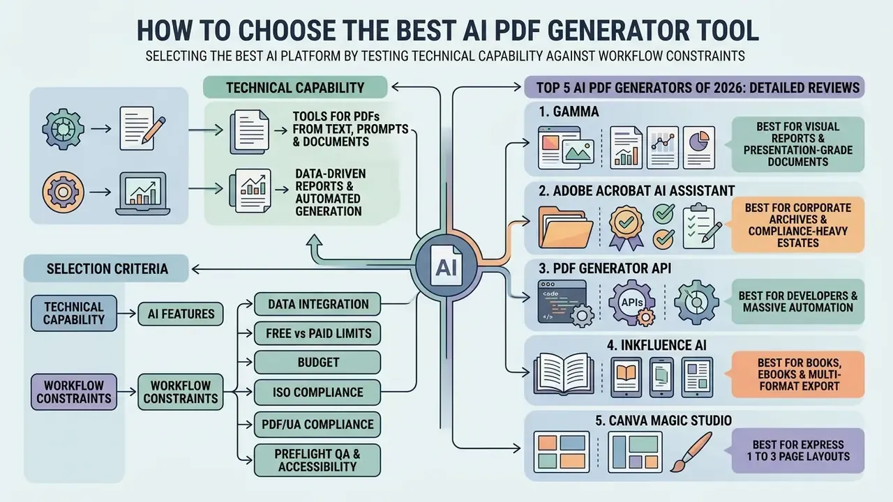 Structured infographic outlining technical capabilities, selection criteria, and top software reviews