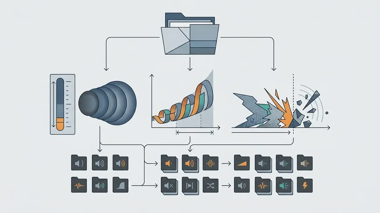 Folder icon branching into sound wave graphics and sub-folders representing audio asset organization