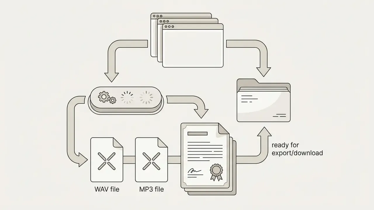 Browser windows feeding into a processor that outputs audio files and a license for download