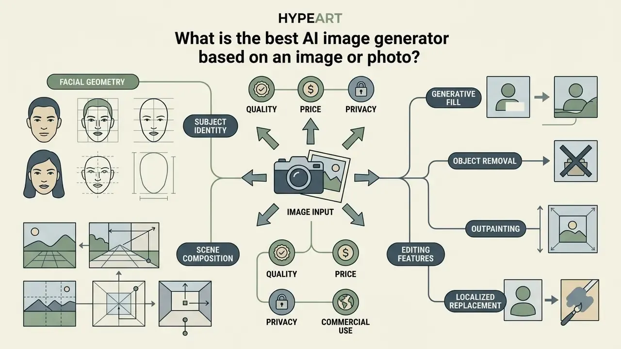 Diagram detailing key factors for evaluating AI image generators including facial geometry and editing tools