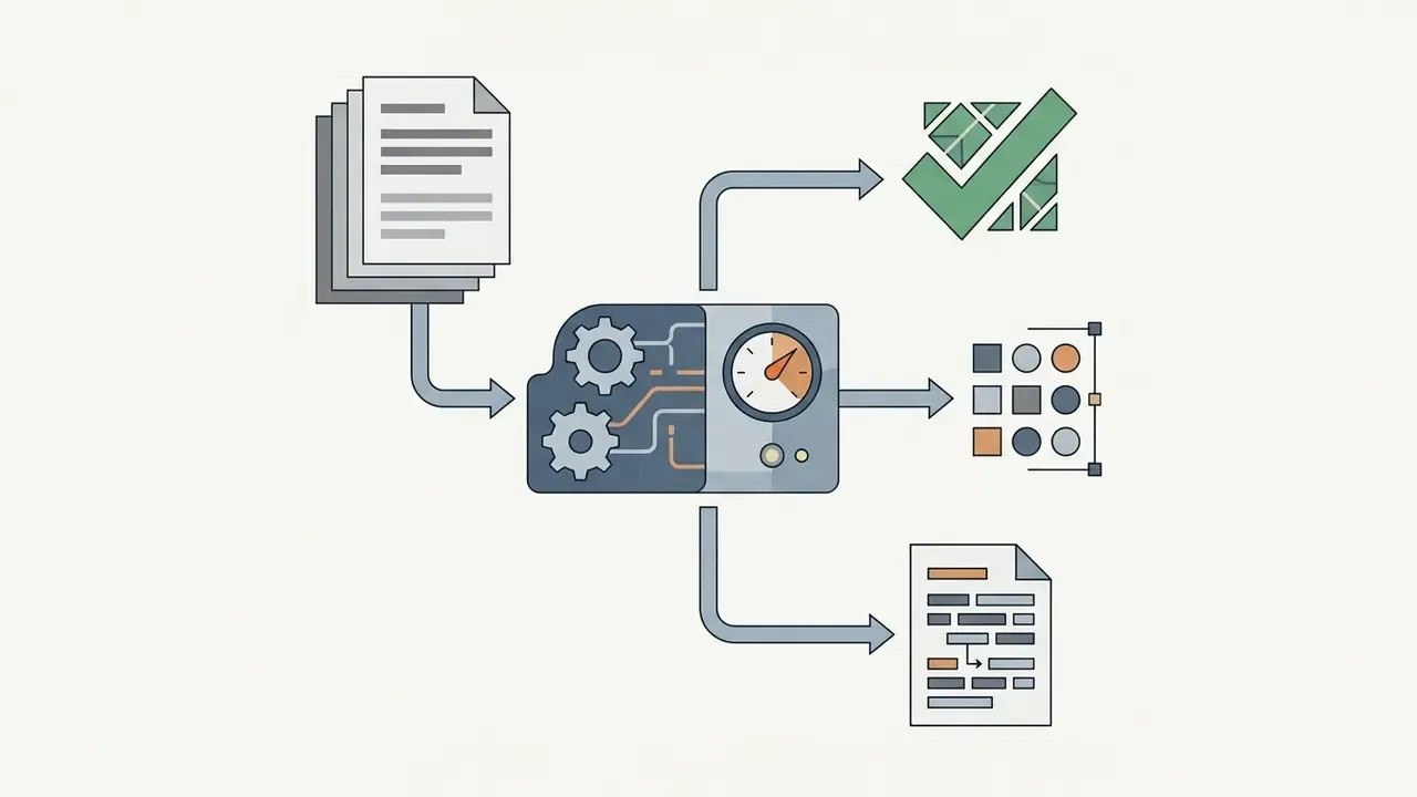 Stack of papers feeding into a gear-driven processor that outputs a checkmark, grid, and text file