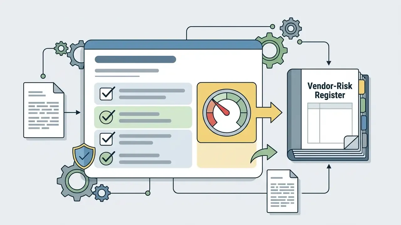 Checklist passing data through a gauge to a vendor risk register binder with connected gear icons