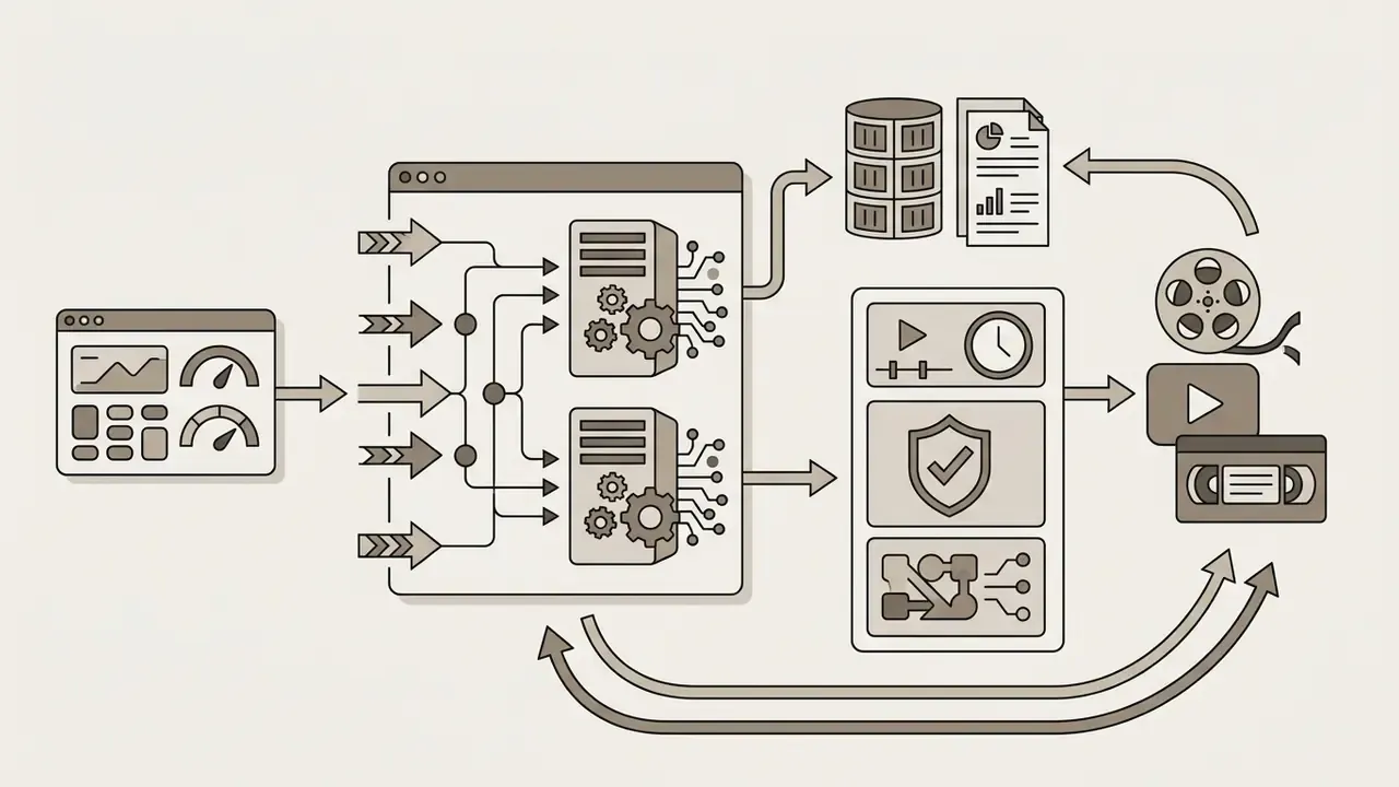 Dashboard inputs feeding server processing units that route metadata and video assets to storage and output