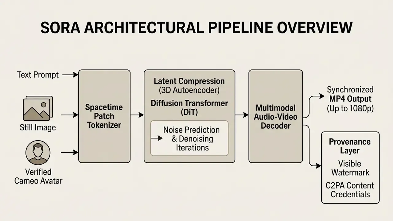 Flowchart showing the OpenAI Sora technical pipeline from input prompts to video output and provenance