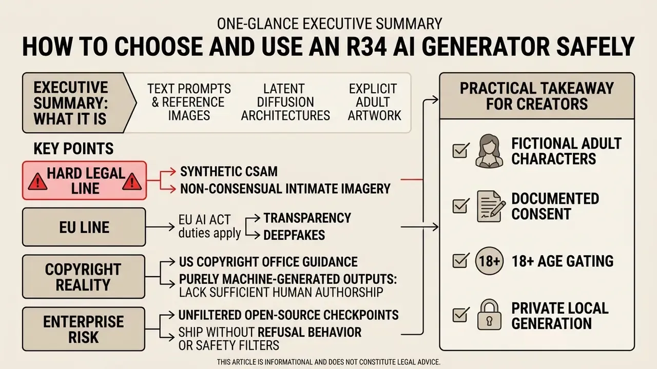 Infographic outlining legal and safety considerations for using a rule 34 AI generator