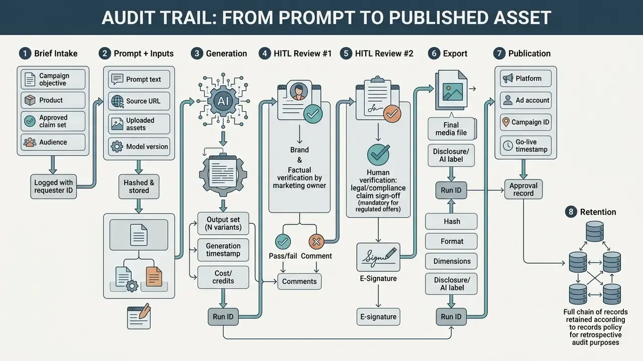Step-by-step workflow diagram tracking the creation and human review process of digital marketing assets
