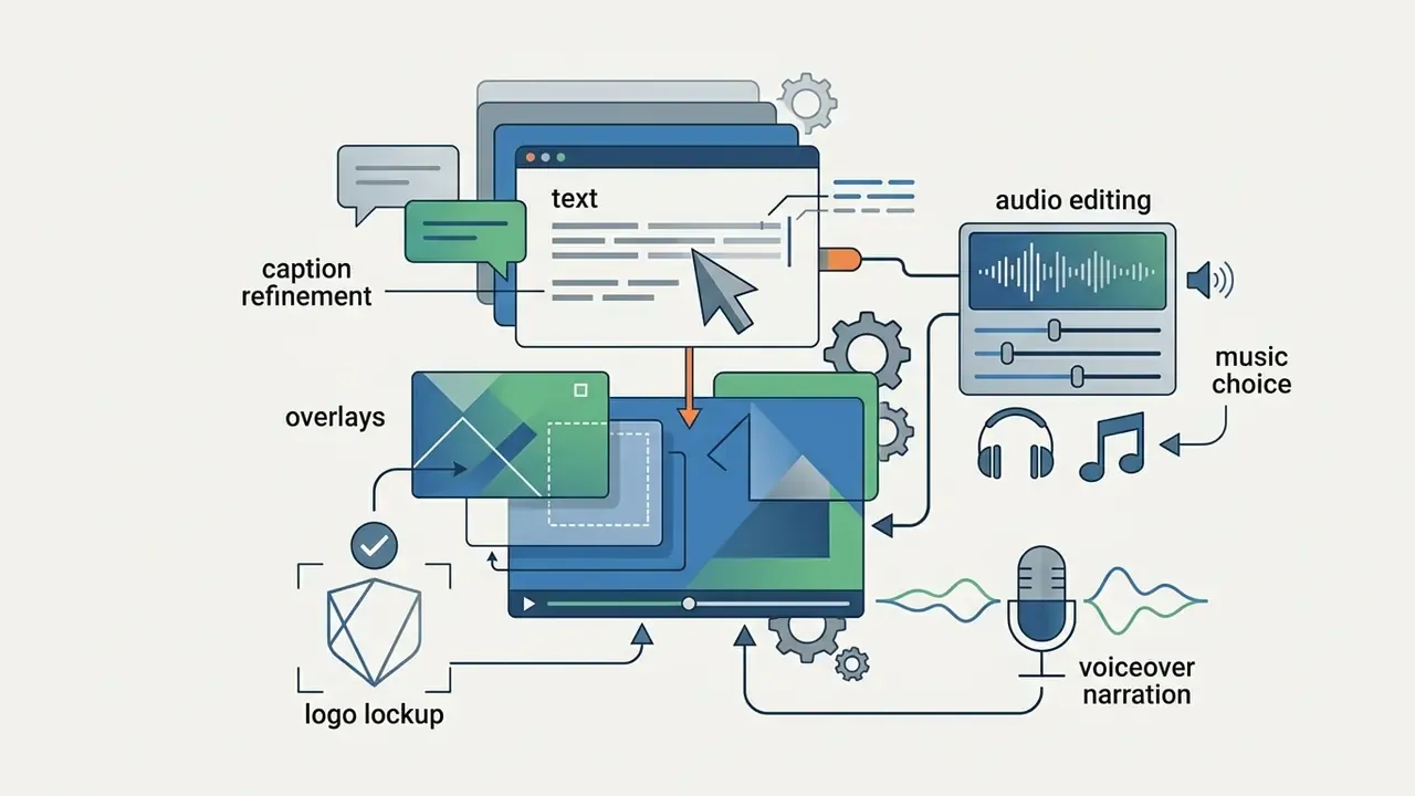 Digital interface showing tools for text editing, audio mixing, graphic overlays, and logo placement