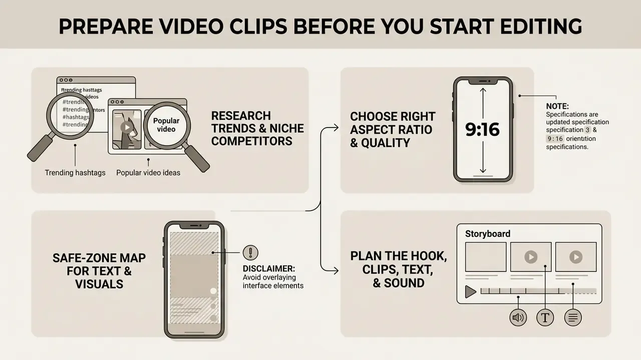 Infographic showing steps to research trends, select aspect ratios, map safe zones, and plan video content