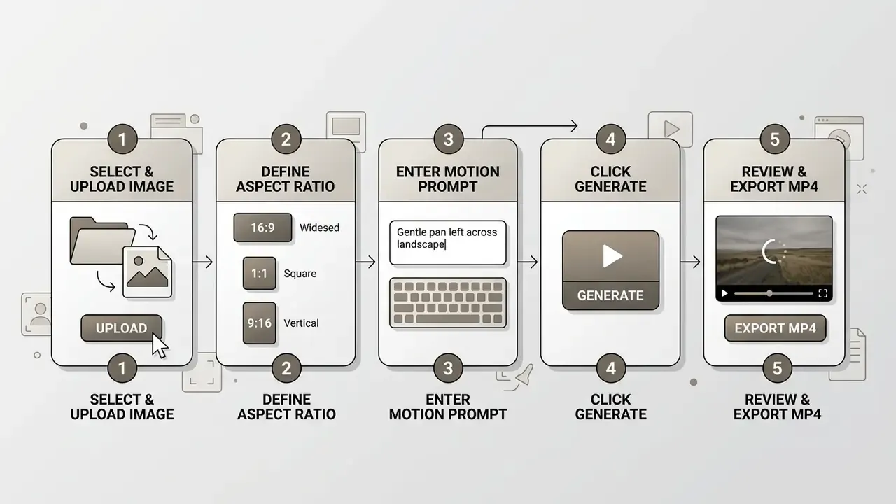 Five sequential steps showing the process to turn a photo into video using AI with prompts and export tools