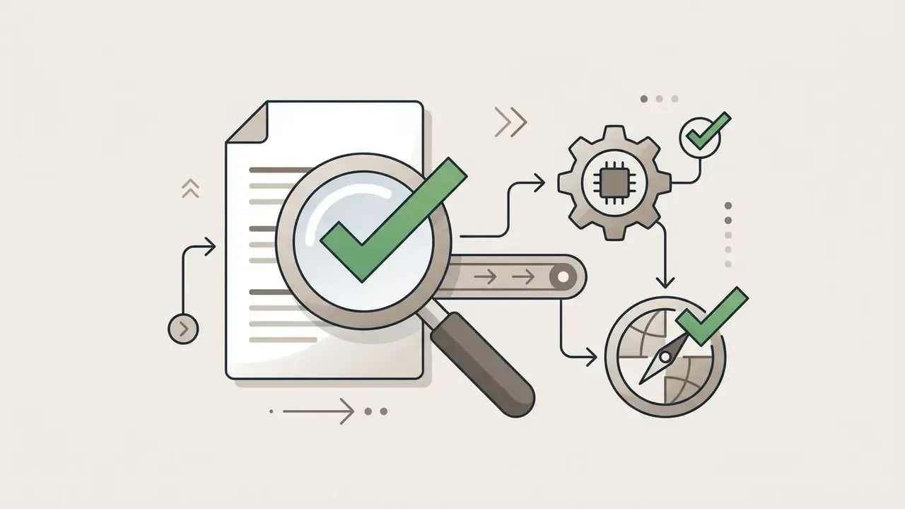 Magnifying glass inspecting a document linked to a processor gear and a globe with checkmarks