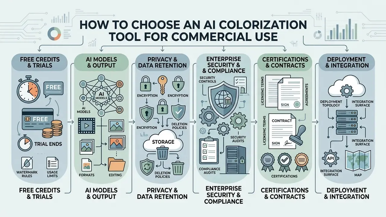 Flowchart outlining criteria for selecting enterprise software including security, privacy, and licensing
