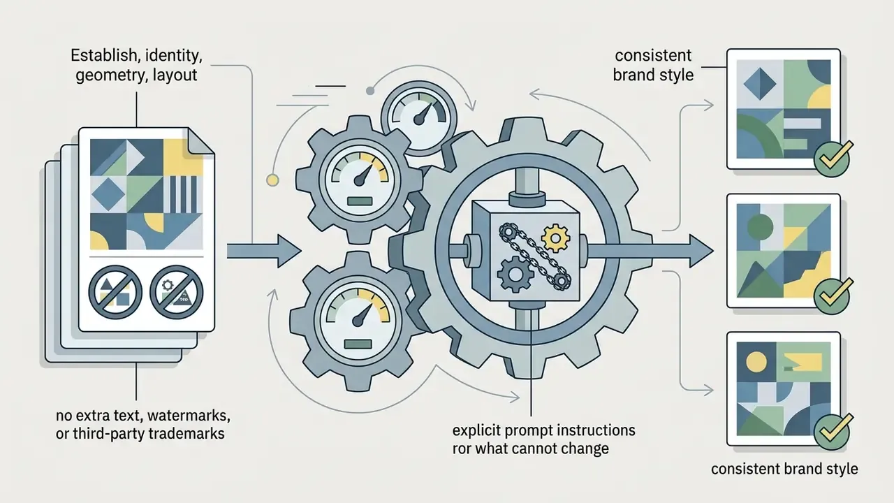 Mechanical gears processing design constraints into multiple social media posts with consistent style