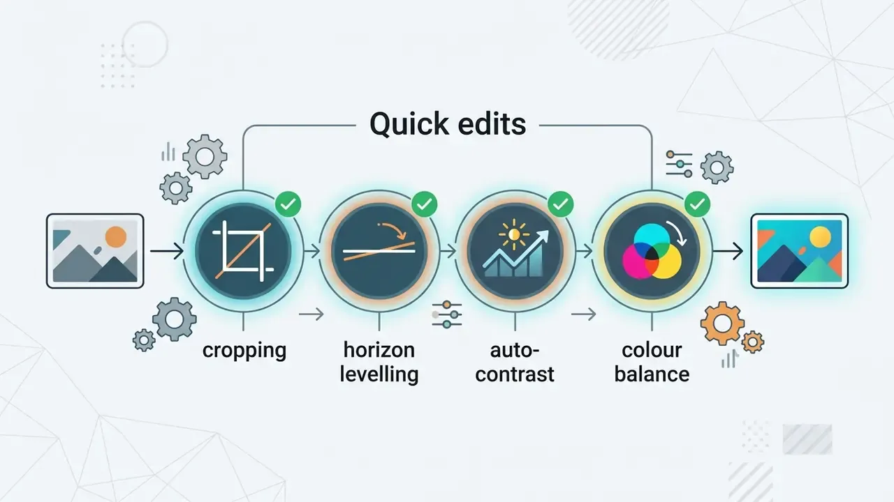 Sequential diagram showing four image adjustment steps including cropping, horizon levelling, and colour