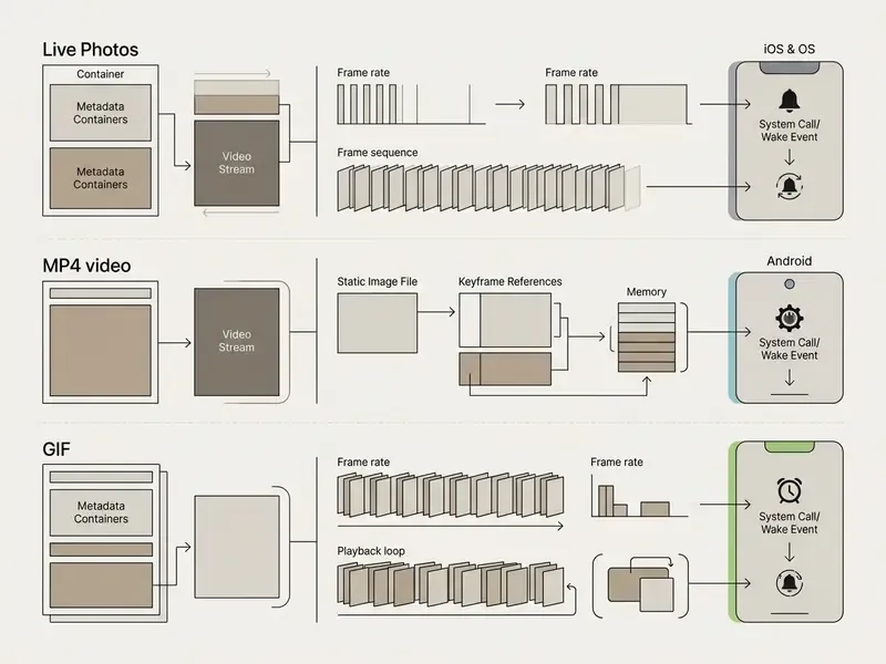 Infographic showing a live wallpaper formats comparison for Live Photos, MP4 files, and GIF structures
