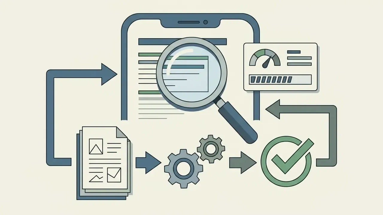 Magnifying glass examining a mobile app document leading to gears and a verification checkmark
