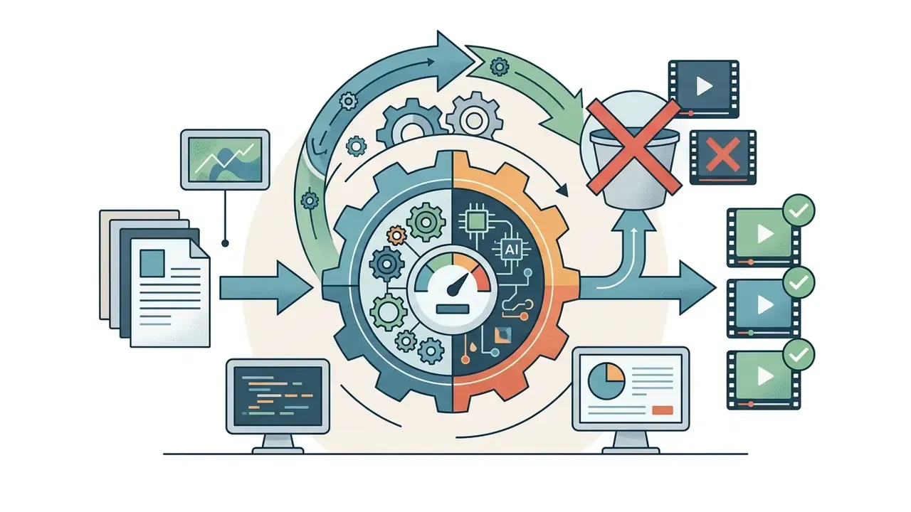 Central gear mechanism processing documents into approved video clips or discarded rejected files