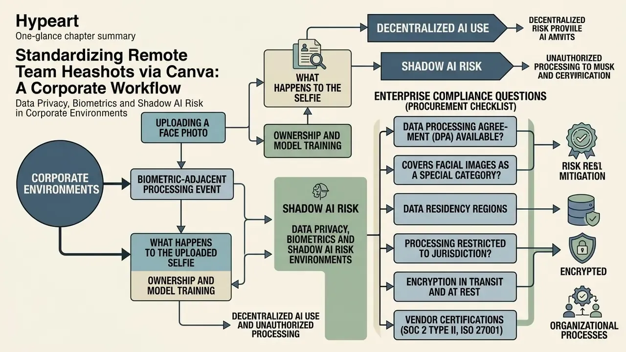 Diagram mapping corporate risks and compliance checklists for biometric data processing in AI workflows
