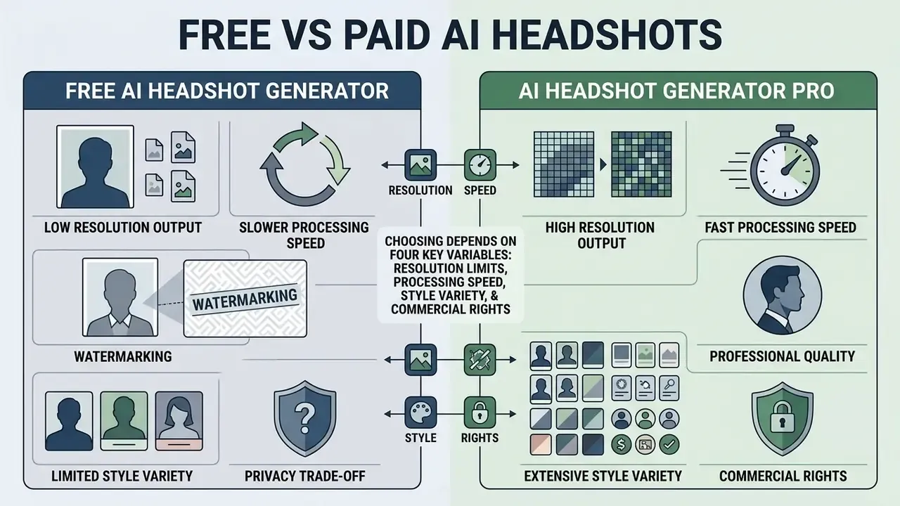 Comparison chart contrasting features of free versus professional portrait generation services