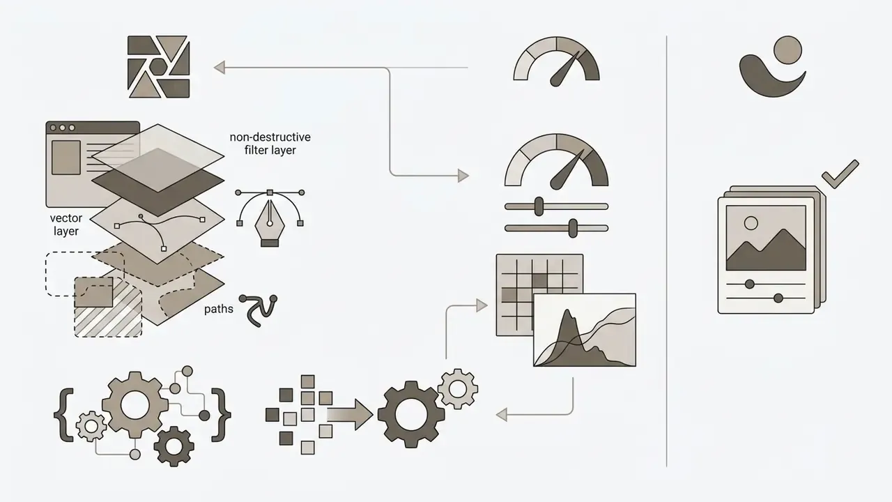 Icons representing layer editing, scripting, and data processing for image manipulation software