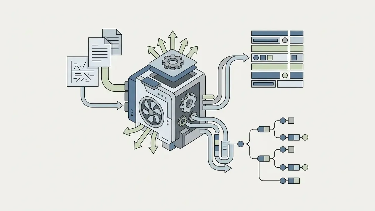 Documents feeding into a mechanical processor that outputs structured data tables and branching tree nodes