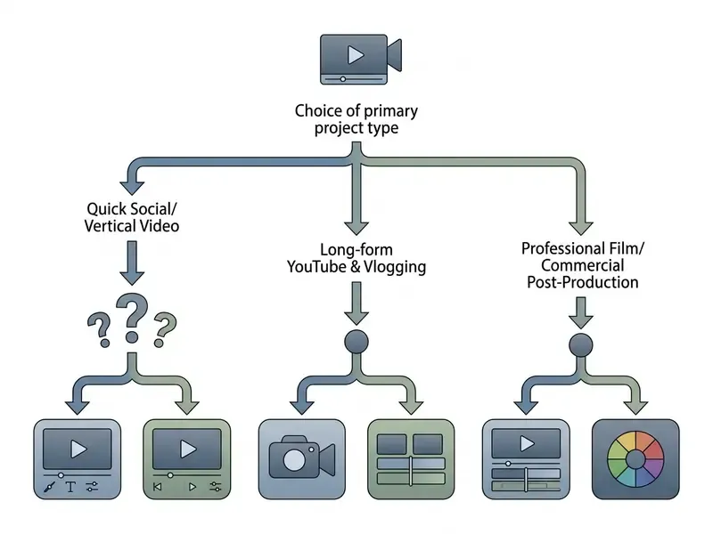 Decision tree diagram for selecting an iPad video editor based on project type and specific requirements