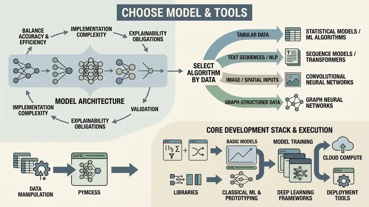 Infographic showing how to select model architectures, match algorithms to data, and build an AI stack