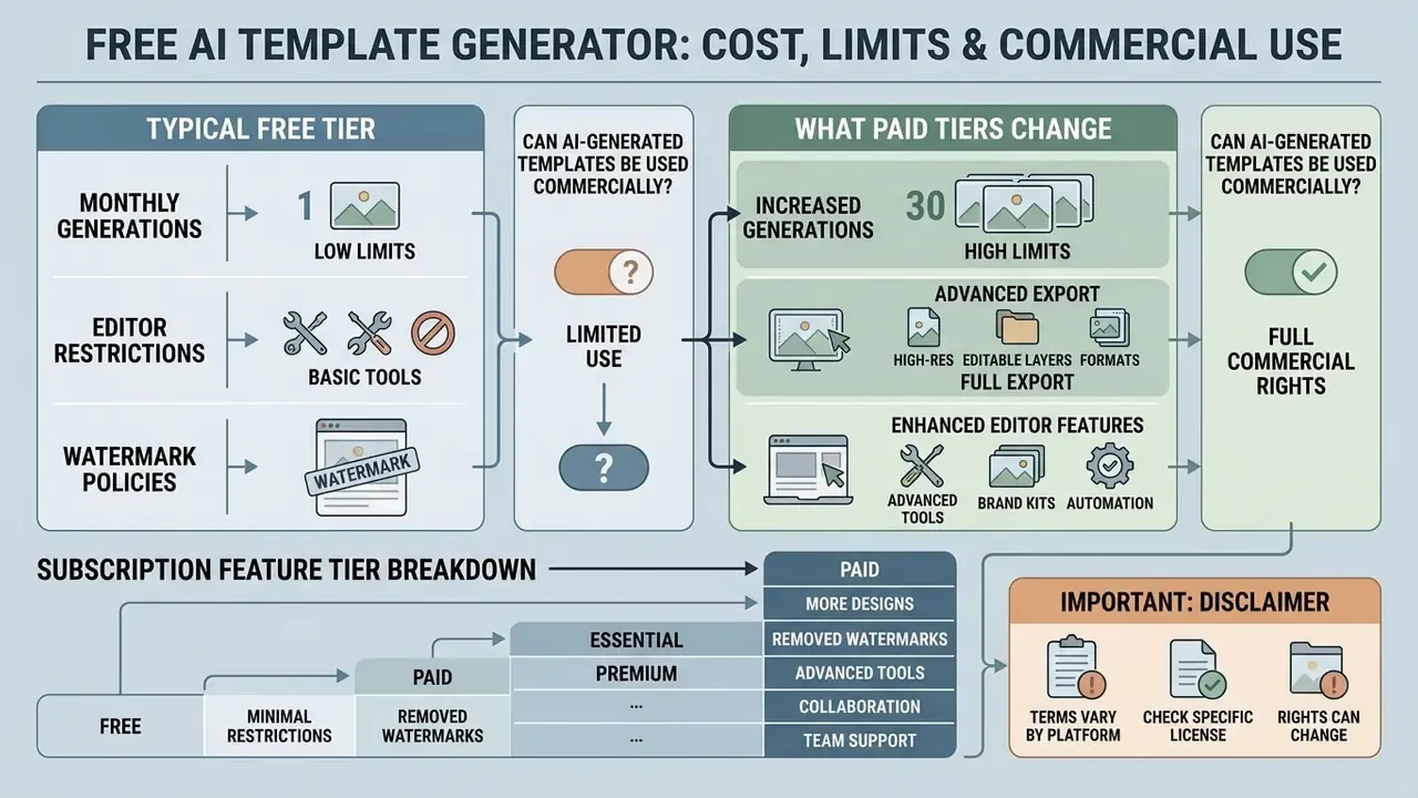 Comparison of free and paid subscription tiers highlighting generation limits, export tools and usage rights