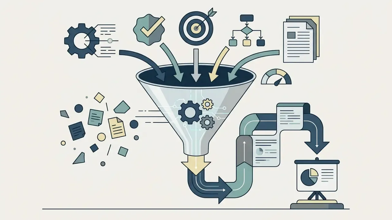 Funnel graphic collecting diverse data icons and processing them into a structured presentation slide