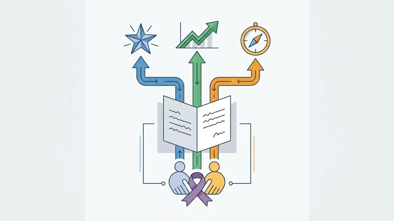Two figures connected by a ribbon reading from a book with arrows pointing to a star, graph, and compass