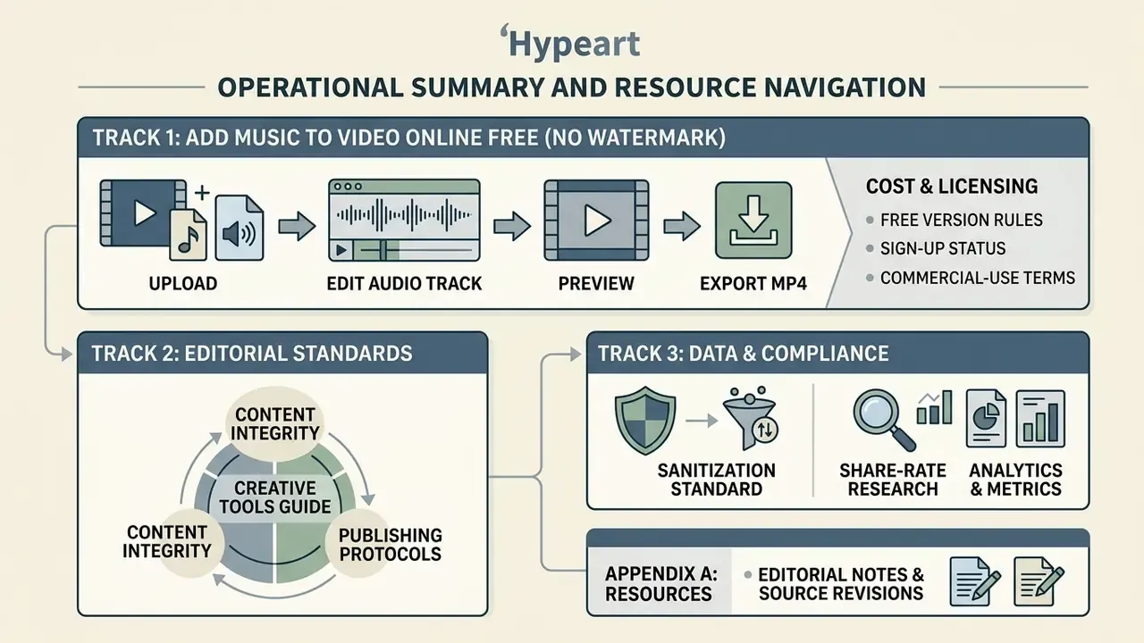 Flowchart outlining editorial standards, data compliance, and resource navigation for video projects