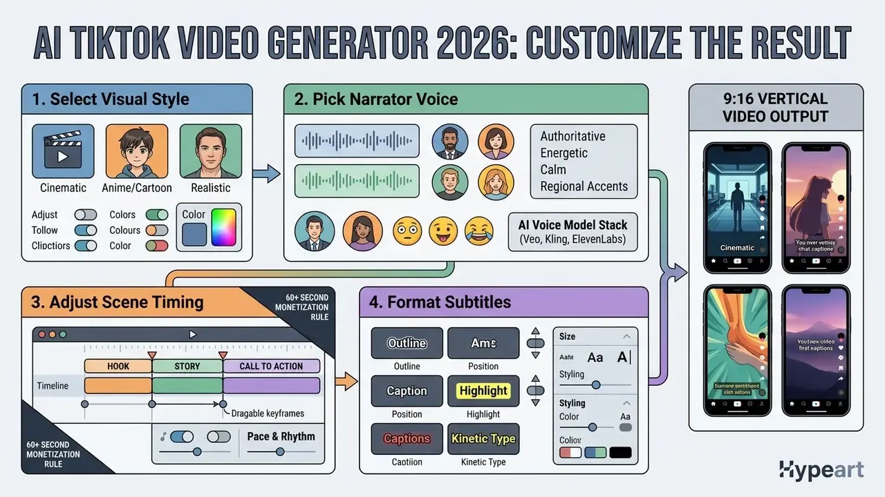 Four step workflow for customizing video styles, narrator voices, scene timing, and subtitle formatting