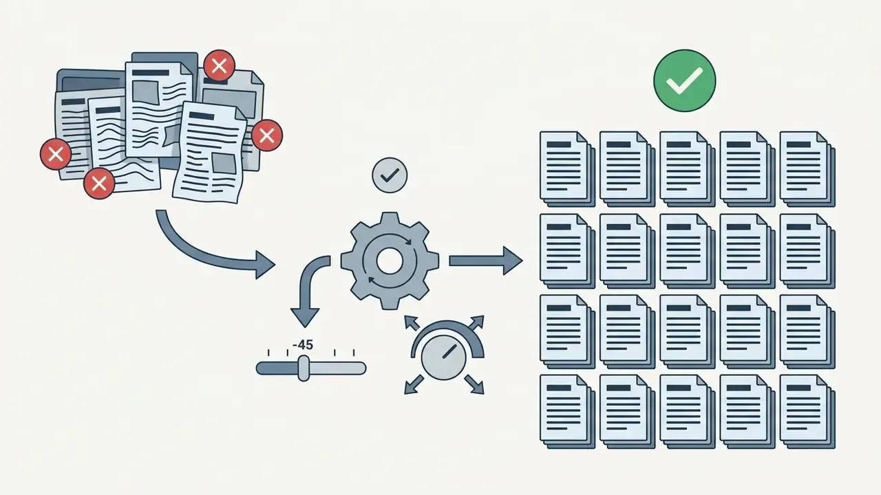 Process flow showing disorganized documents being corrected by slider adjustments into a neat grid