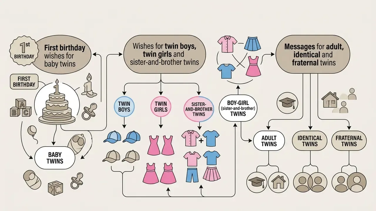 Structured diagram mapping birthday message types for twins by age, gender, and relationship status