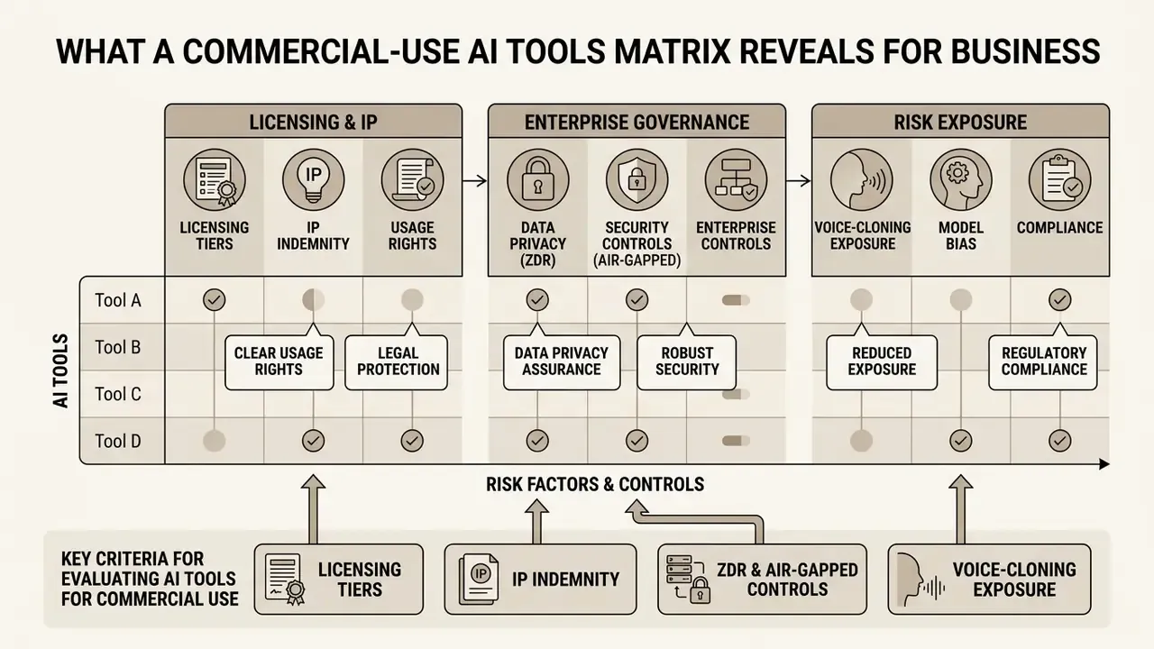 Decision-support framework comparing AI tools across licensing, enterprise governance, and risk factors